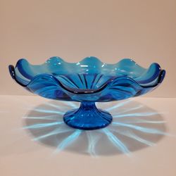 Vintage L.E. Smith Blue Pedestal Bowl Ruffled Edge 