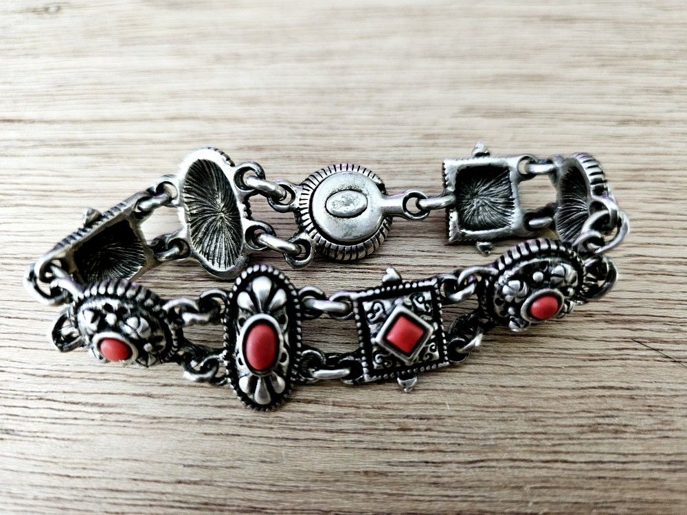 Silver & Red Coral Boho Bracelet