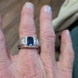 SIZE 9 Sterling Silver And Sapphire Mens Ring