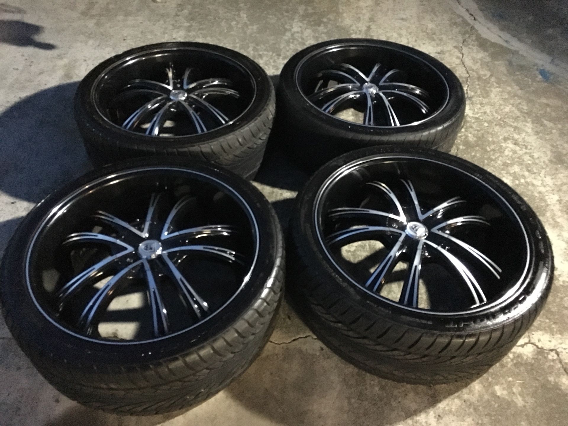 24 INCH LEXANI RIMS AND TIRES, 6 LUG UNIVERSAL.