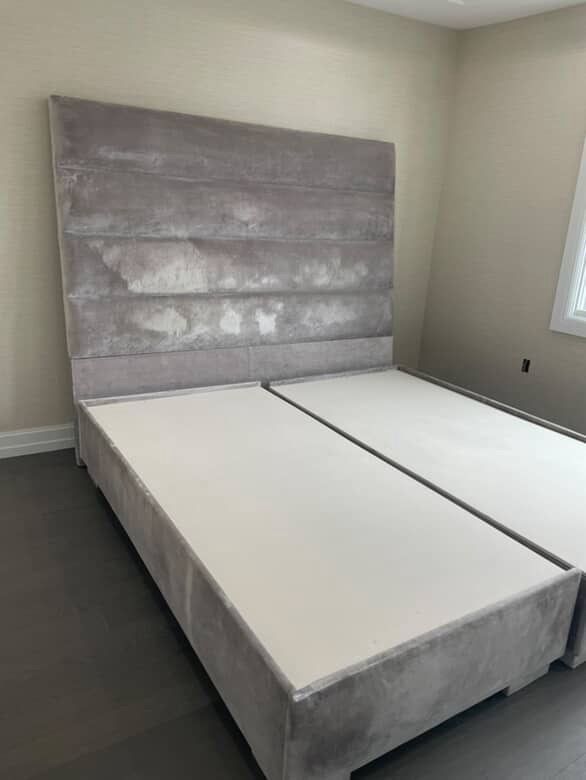 Gray velvet channel tufted king size bed with tall headboard