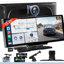 10.26'' Wireless Carplay Screen for Car with 4K Dash Cam & 1080P Backup Camera, Portable Car Audio Receivers with Carplay & Android Auto, GPS Navigati