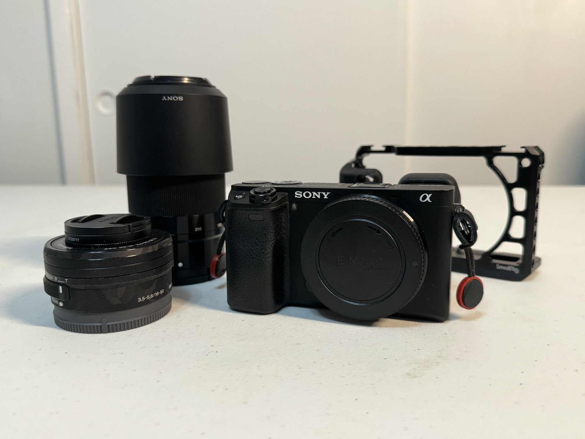 Sony APS-C A6300 with two kit lens and microphone.