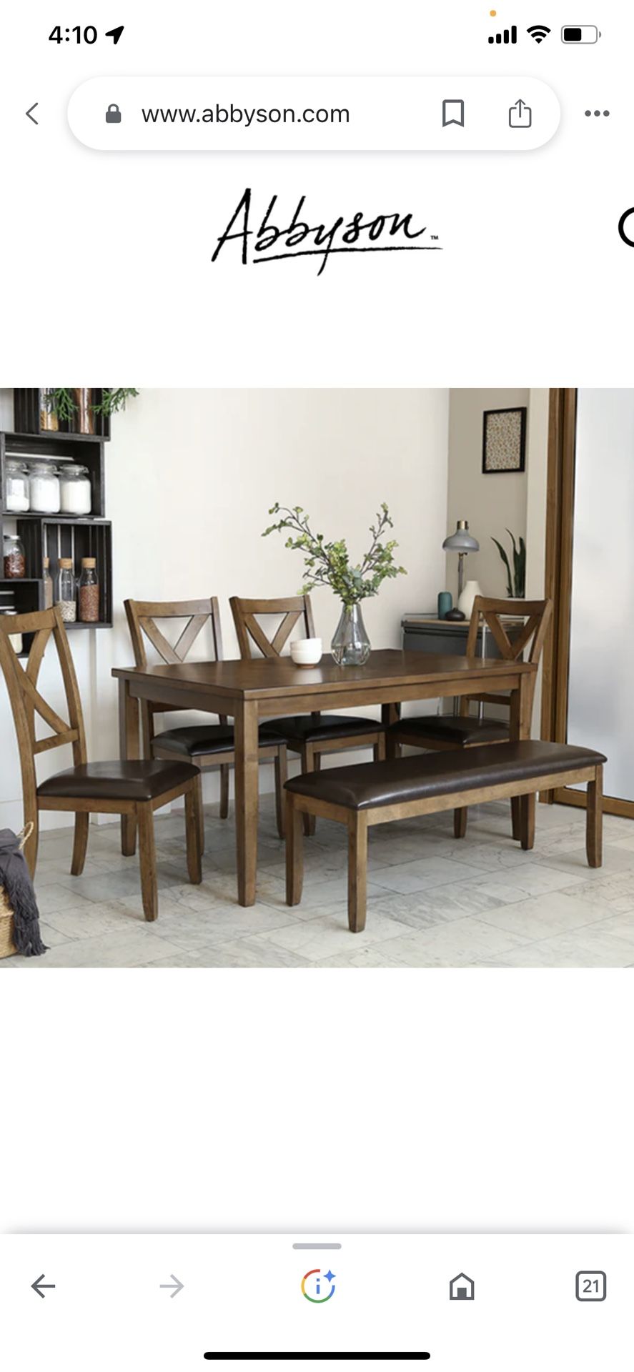 Dining Table Set, 6 Pcs (4 Padded Chairs & Bench) Abbyson Living Light Brown - New in Boxes, 3’ X 5’ X 30” Tall