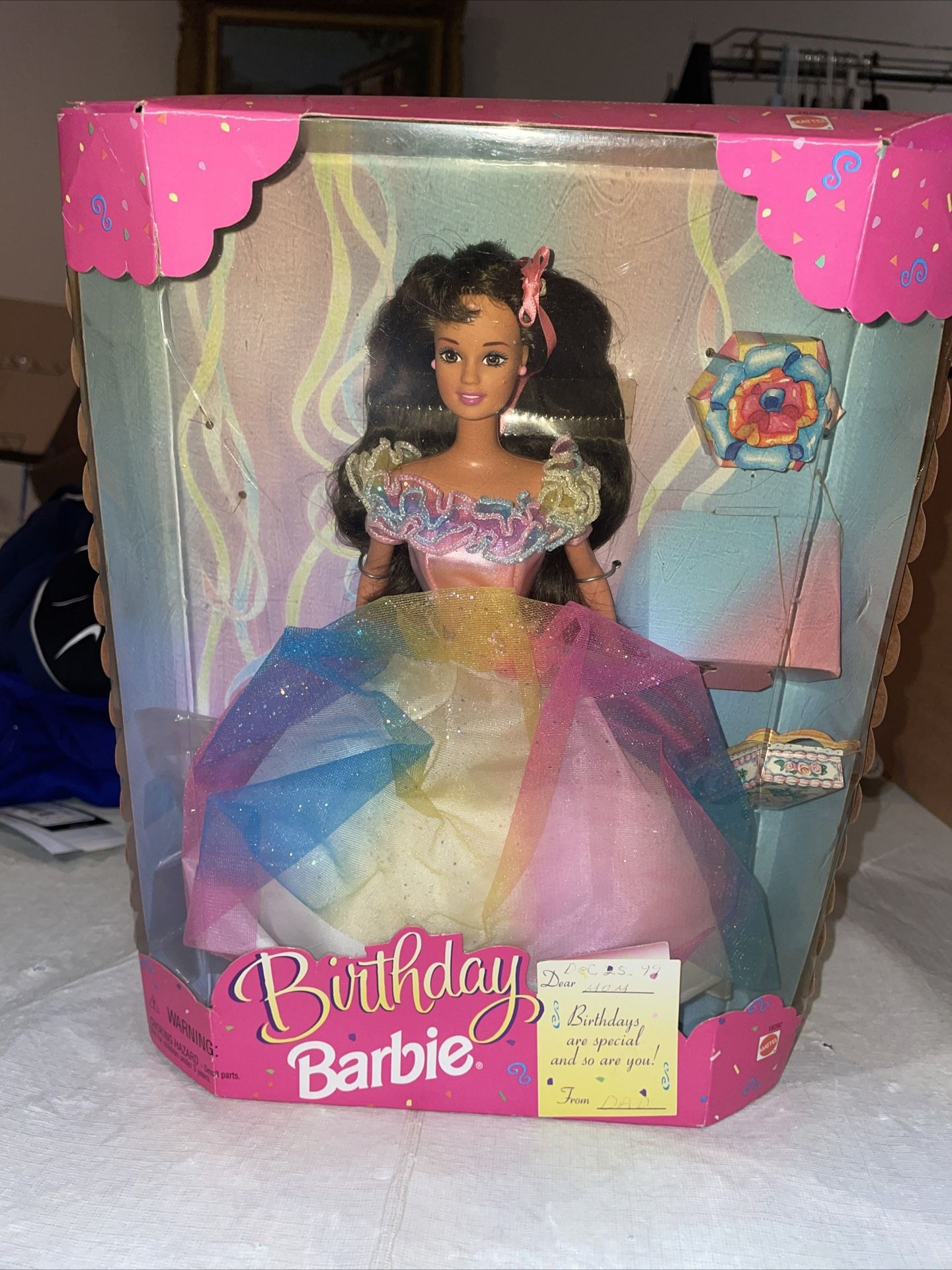 Birthday Barbie Doll Mattel #18292 Pretty Brunette Sparkly Pastel Gown 1997 VTG.