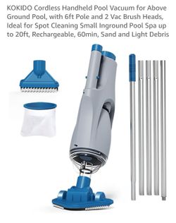 KOKIDO Cordless Handheld Pool Vacuum for Above Ground Pool, with 6ft Pole and 2 Vac Brush Heads, Ideal for Spot Cleaning Small Inground Pool Spa up to