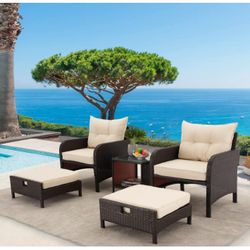  5 Pieces Patio Furniture Set,Outdoor Rattan Chairs with Tempered GlassCoffee Table, Ottomans & Soft CushionsWicker Conversation Bistro Set for Garden