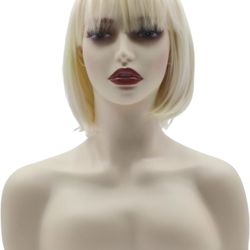 Light Blonde Short Straight Bob Wig with Bangs, for Women Girls, Heat Resistant Synthetic Fiber, Daily Use Costume Cosplay Party Hair, 12 inch (Blonde