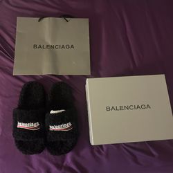 Black Balenciaga Fur Slides