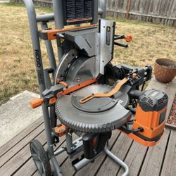 Ridgid Compound Miter Saw Mounted On A Wheeled, Foldable Stand