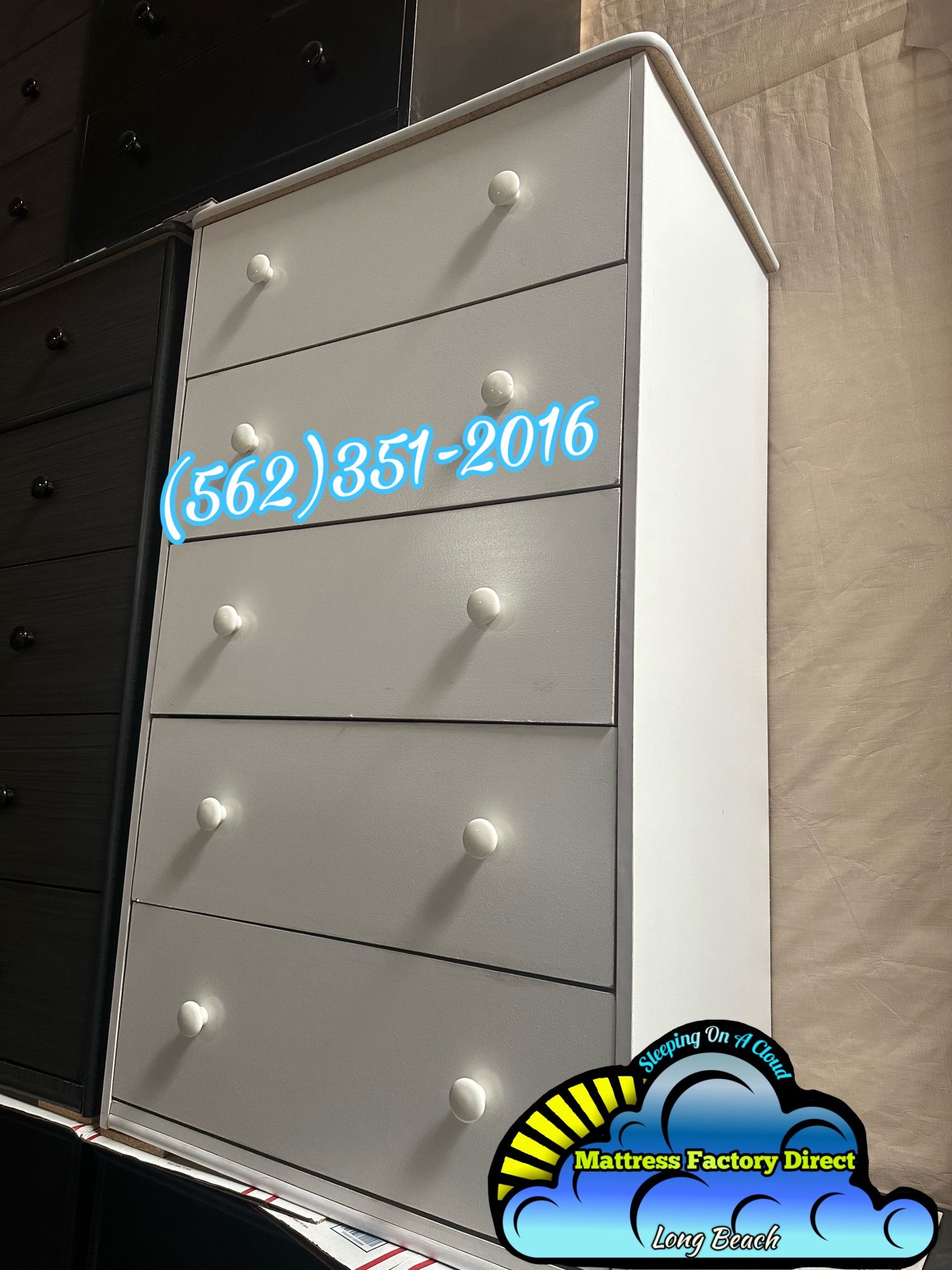 White Double Knob Tall Jumbo 5 Drawer Dresser Chest