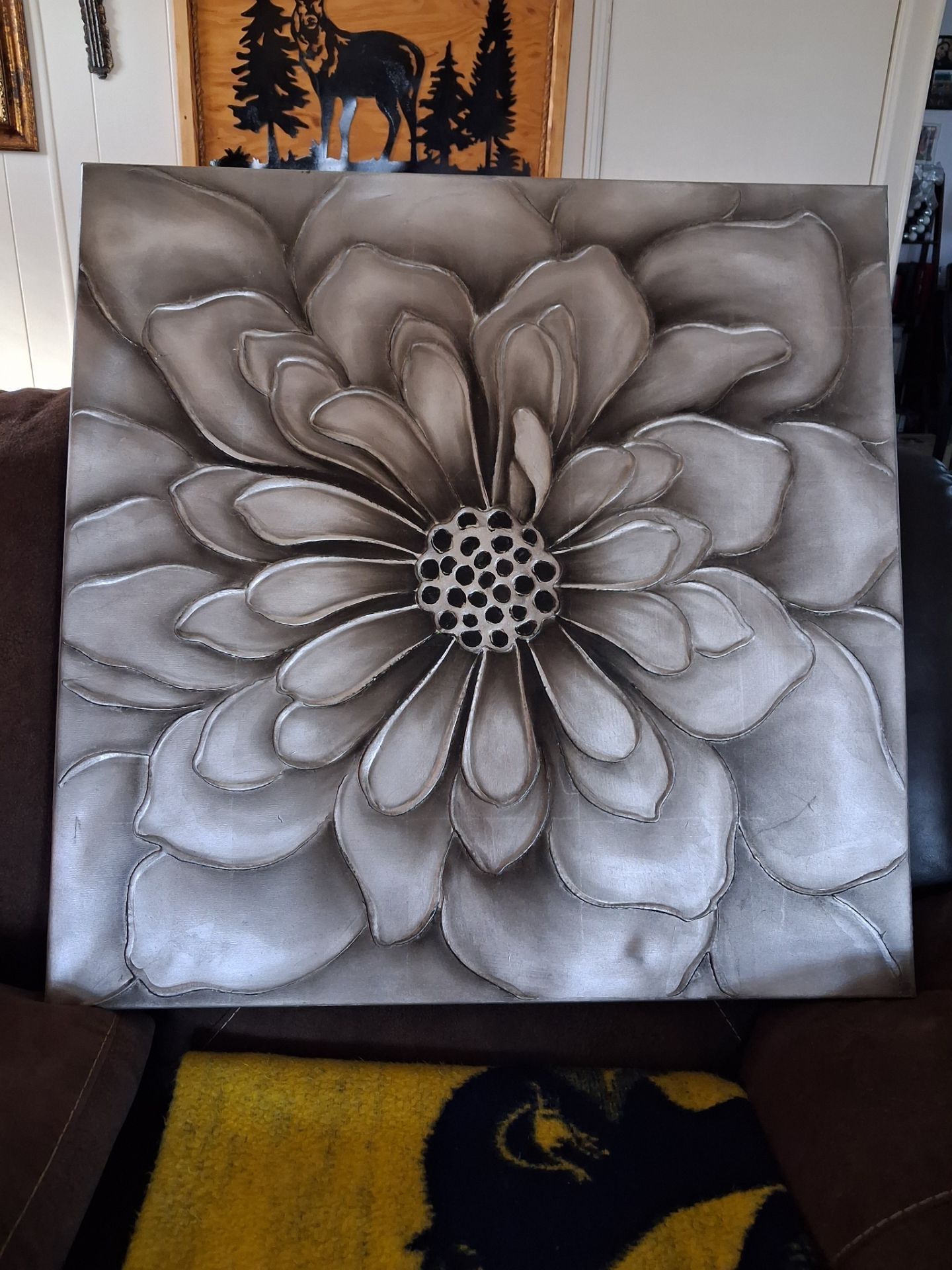 hand-painted, metallic silver and grey textured floral canvas wall art piece