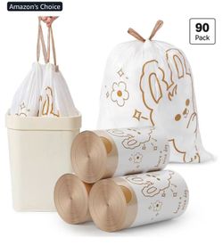 2X 4 Gallon Small Trash bags Drawstring, Small Bathroom Garbage Bags, 90 Counts Trash-Can-Liners for Bathroom Kitchen Office, White Rabbit Print Style