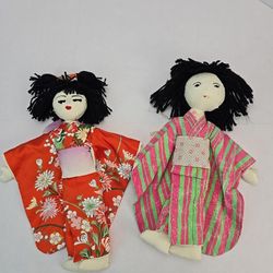 Lot of 2 Japanese Handmade Geisha Girl Kasuri Fabric Soft Doll with Kimono