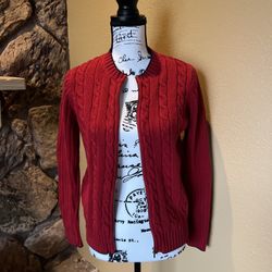 Van Heusen Long Sleeve Cable Knit Red Sweater Blue Trim Full Zip Women’s Medium