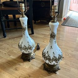 2 Antique 1930/1940s Hollywood Regency Lamps Gold White