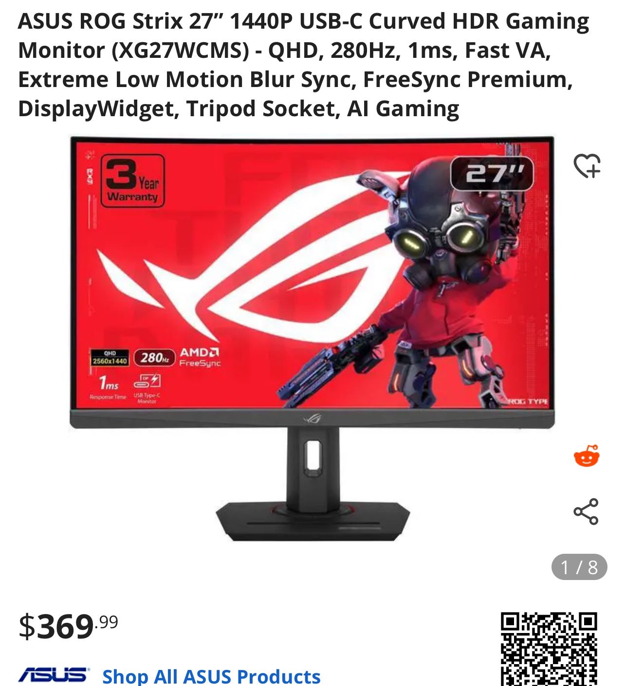 ASUS ROG Strix 27" 1440P USB-C Curved HDR Gaming Monitor