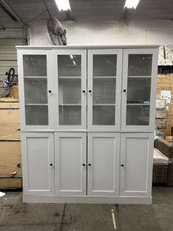 74'' Kitchen Pantry Cabinet, 63'' Wide Large Kitchen Hutch Storage Cabinet with LED, Tall Pantry with Adjustable Shelves, Display Cabinets with Glass 