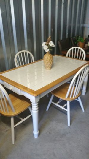 FARMHOUSE White Tile Wood Kitchen Dining Table Chair Set For Sale In FARMHOUSE White Tile Wood Kitchen Dining Table Chair Set For Sale In