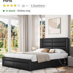 Yaheetech Upholstered Bed Frame with 3 Storage Drawers and Built-In USB Ports