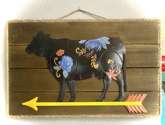 Black Tin Cow Floral Wood Planks Folk Art Farmhouse Rustic Wall Decor