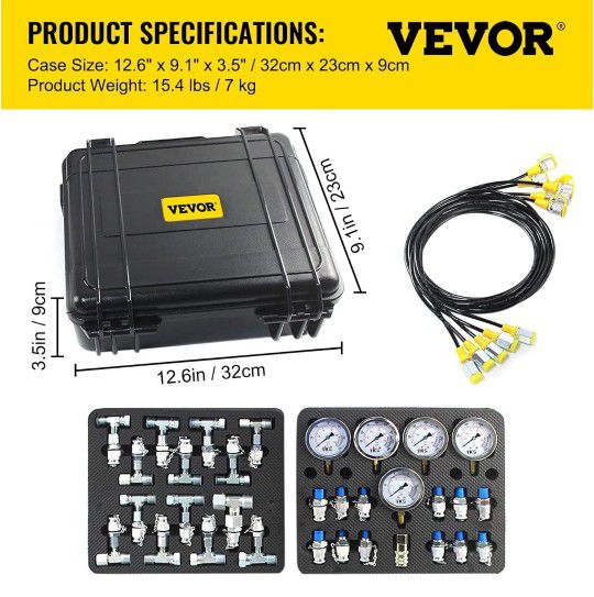 Hydraulic Pressure Test Kit, 10/100/250/400/600bar, 5 Gauges 13 Test Couplings 14 Tee Connectors 5 Test Hoses, Hydraulic Gauge Kit with Sturdy Case