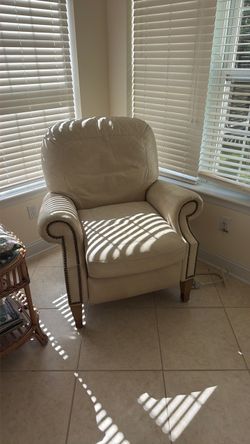 Cream Leather Armchair with Nailhead Trim
