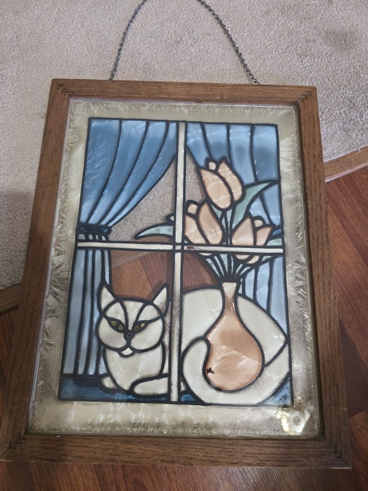 VINTAGE STAINED GLASS FRAMED WHITE CAT 11 × 14