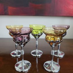 Set of five Farber Bros. Krome Kraft cordial glasses with varied colored glass.