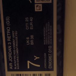 Air Jordan 3 Black Cement 2024 Talla 7Y Casi Nuevos