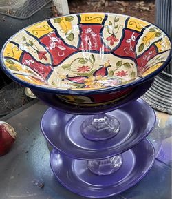 Birdbath Ceramic Bowl on Purple Pedestal Stand