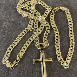 cuban links necklace bracelet and cross pendant  14k gold plated 