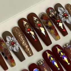 XL coffin brown press on nails rhinestones Matte glitter acrylic flowers fall