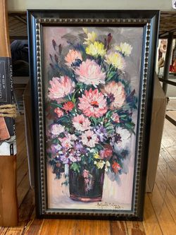Signed Floral Oil Painting in Dark Frame