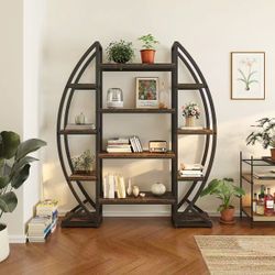 Oval Bookshelf, Triple Wide 5 Tier Etagere Bookcase, Industrial Display Shelves for Living Room (Brown, 55") $100