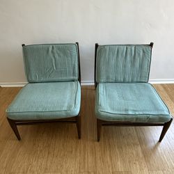 Slipper Chair Set Vintage MCM Mid Century Modern w/ Teal Cushion Set Of 2