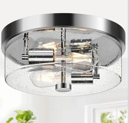 (Brand New in Box)  Flush Mount Ceiling Light Fixtures, 2-Light Chrome Ceiling Mount for Farmhouse with Seeded Glass Lampshade, Industrial Hall Flush 