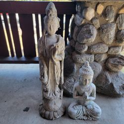 Praying 15" & Guanyin 28" Buddhist Stone Garden Sculptures