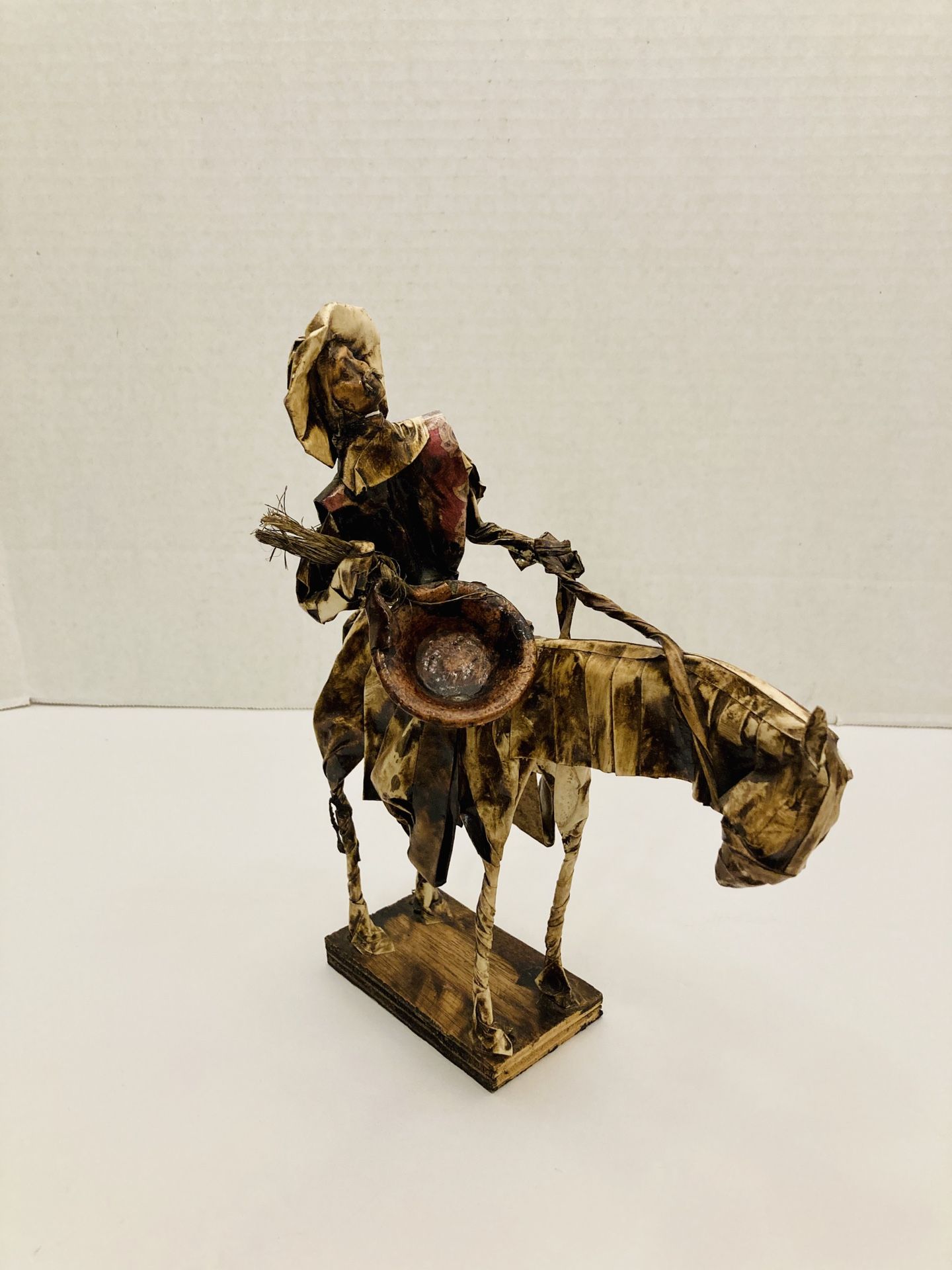 Vintage Rare Mexican Folk Art Handmade Paper Mache Man On Horse with Ceramic Pot Statue Figurine