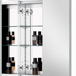 Aluminum Medicine Cabinet with 2 Doors Recessed or Surface Mount Bathroom Mirror Cabinets 24x30 Inch, Silver