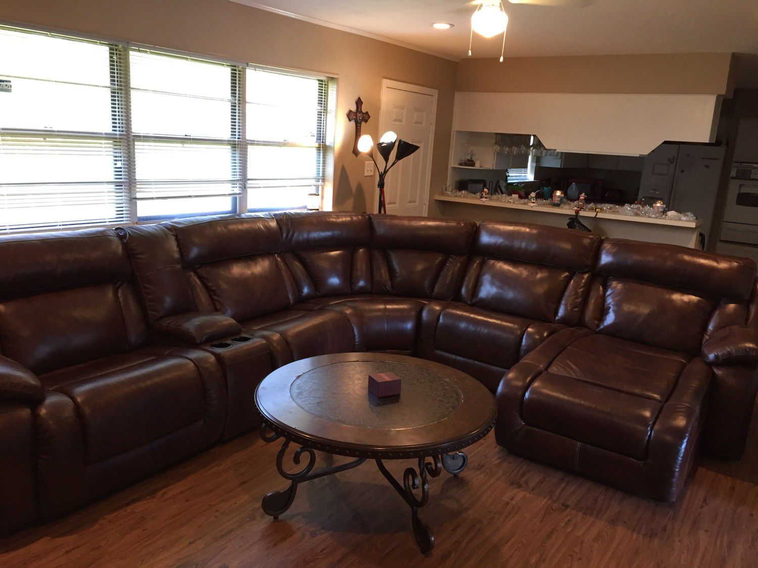 Genuine leather couches, dining set, kitchen appliances and side tables