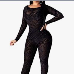 Women's Sexy Deep V Neck Long Sleeve Jumpsuit High Waist Mesh