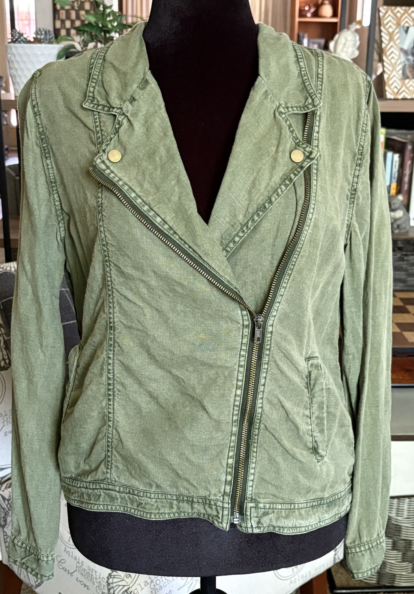 Cynthia Rowley 100% Linen Zip Front Blazer, Olive, , Gently Used, Med