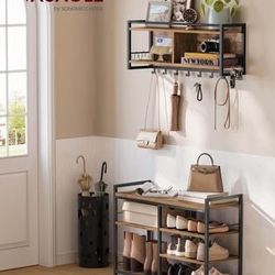 New Hall Tree with Coat Rack and Shoe Bench Set, Entryway, 12 Metal Hooks, 4-Tier, Rustic Brown