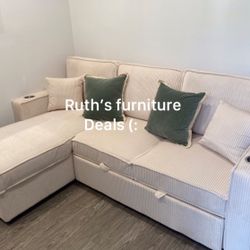 Ivory Beige Sectional Sofa With Pullout Bed & Storage