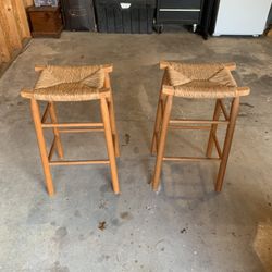 Pair of Rush Seat Bar Stools – Wood Frame