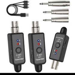 2x Wireless Microphone Transmitter 1xReceiver - Plug-on XLR Microphone Wireless System with 48V Phantom Power, XLR Connector, 6.35mm Adapter Suitable 