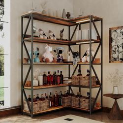 Corner Bookshelf with Light, Indoor Plant Bookcase with Grow Light L Shaped 5 Tier Tall Corner Shelf LED Display Shelves, Vintage Industrial Rotating 