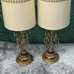 Two Rare Vintage   Brass Lamps With Ornate Hanging Crystals 