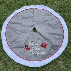 Believe in the Magic of Christmas Gray Flannel Faux Fur Trim Christmas Tree Skirt 48”